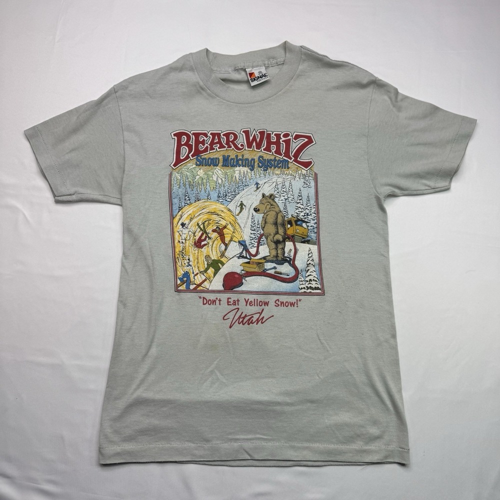 Vintage 80s Single Stitch Signal  BEAR WHIZ Don't eat Yellow Snow Off White Sz M